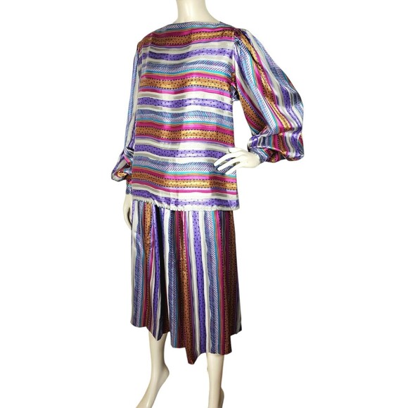 VTG 70s Evan Picone Silky Satin Mixed Media Puff Balloon Sleeve Blouse Skirt Set - Picture 12 of 16